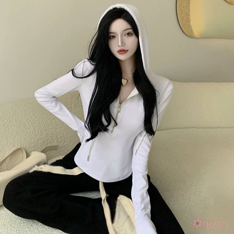 Áo Thun Có Mũ Trùm Và Khóa Kéo Màu Sắc Đơn Giản Thời Trang Hàn Quốc Cho Nữ