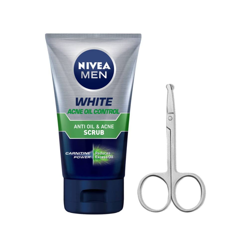 Sữa rửa mặt kiểm soát nhờn Nivea Men White Acne Oil Control Scrub 100g tặng kéo đầu tròn tỉa lông mũi siêu sắc