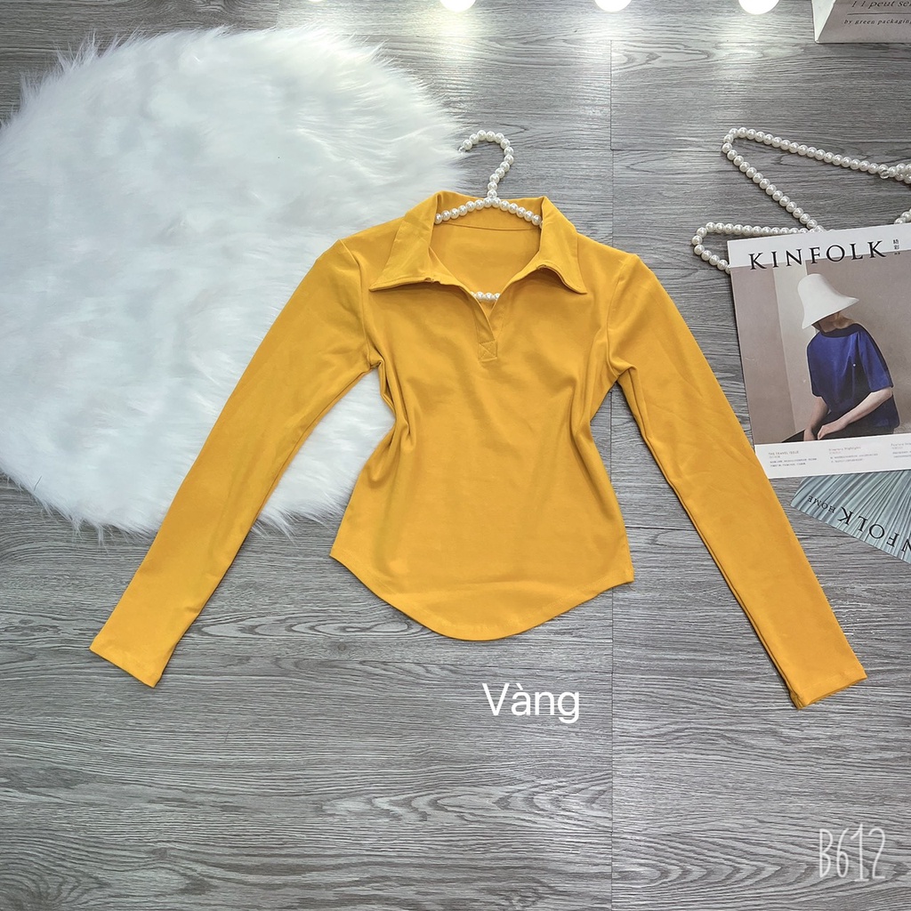 Áo thun ôm body nữ vạt bầu tay dài cổ bẻ V trơn