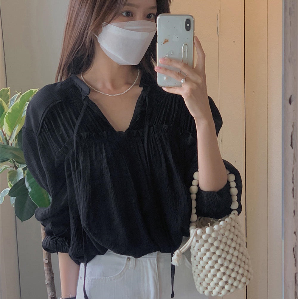 54420 Áo Sơ Mi Dài Tay Dáng Rộng Phối Dây Thắt Phong Cách Hàn Quốc Sành Điệu