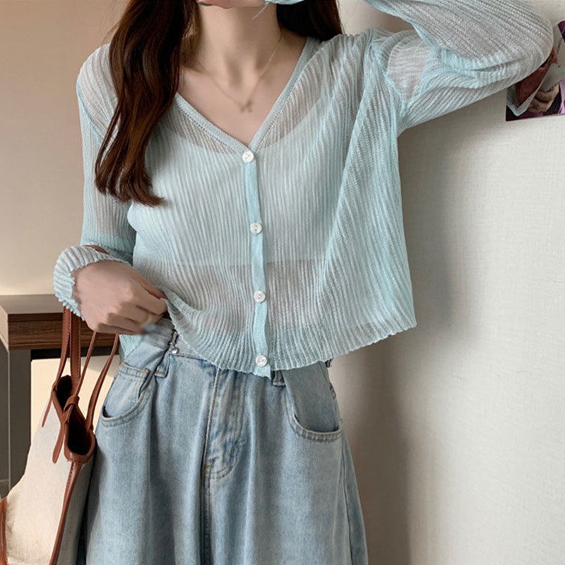 Áo dệt kim tay dài cổ chữ v thời trang mùa hè thích hợp cho nữ