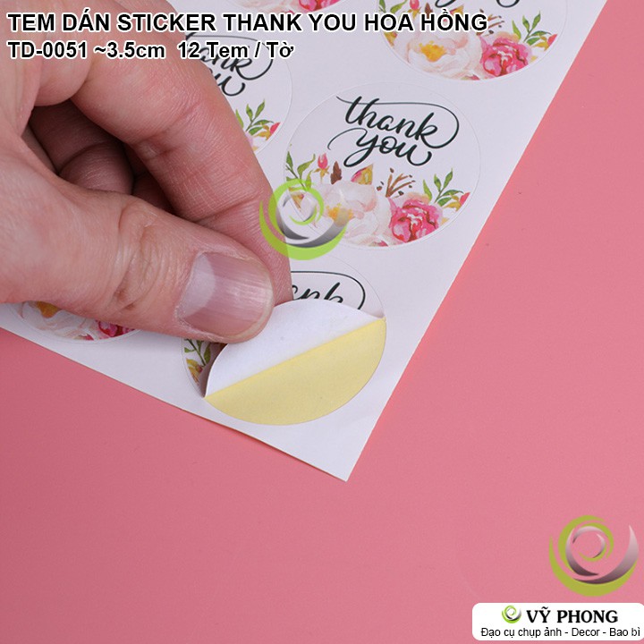 TEM DÁN STICKER NHÃN DÁN THANK YOU HỌA TIẾT HOA HỒNG TRANG TRÍ NIÊM PHONG BAO BÌ HỘP QUÀ BÁNH KẸO TD-0051