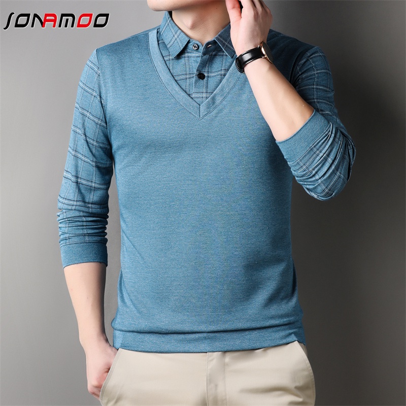 Áo Thun Nam Dài Tay Cổ Bẻ Giả Hai Lớp Màu Sắc Thời Trang