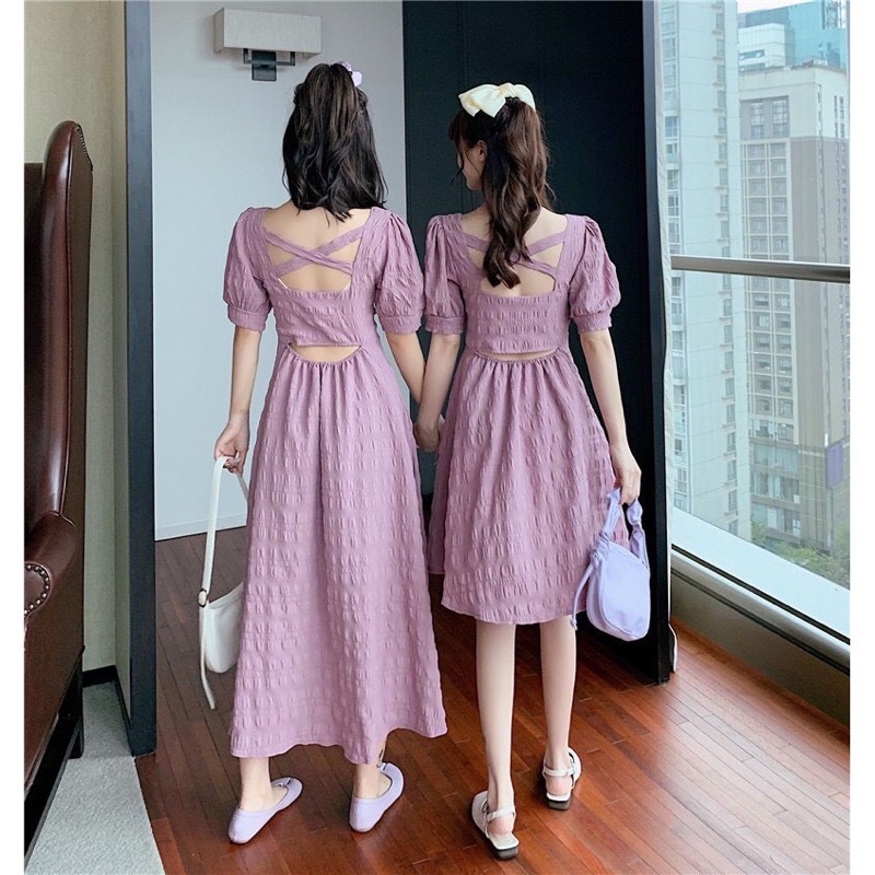Đầm tiểu thư ullzzang hàn quốc hở lưng 2 màu trắng tím tay phồng dáng ngắn dài maxi váy xinh dự tiệc trễ vai | BigBuy360 - bigbuy360.vn