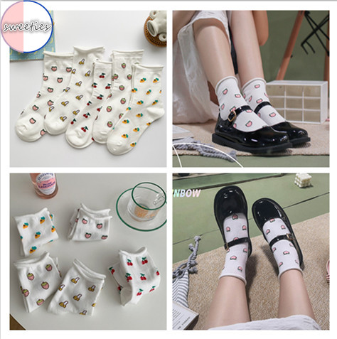 [sweet] woman Cartoon cute Summer Fruit cherry cotton breathable Loose Socks Girl white Socks