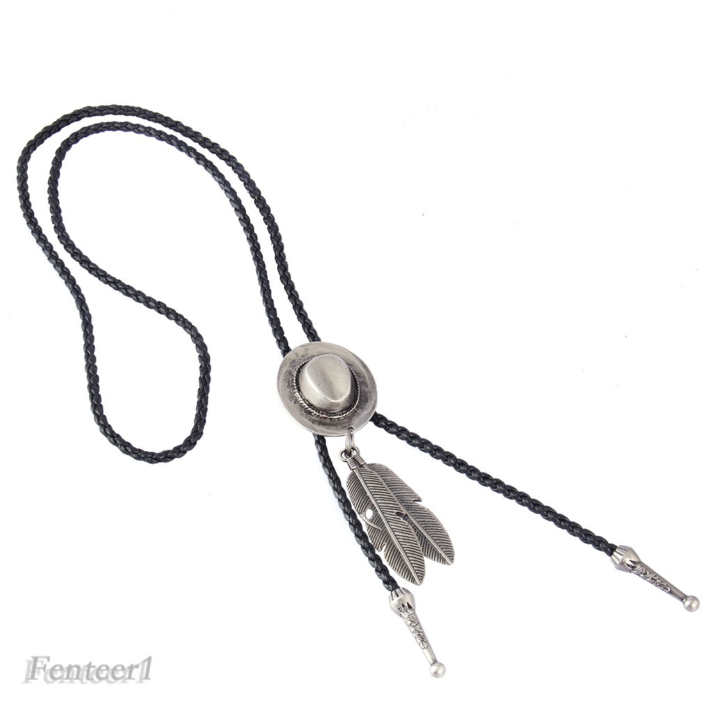 [FENTEER1] Western Cowboy Rodeo Bolo Tie Hat and Feather Pendant Black PU Rope Necktie