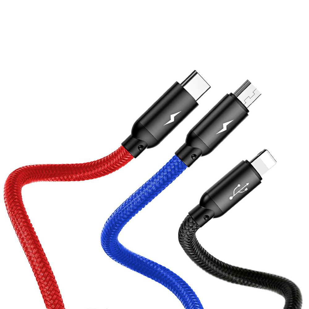 Cáp sạc nhanh 3.5A Baseus Three Primary Colors 3 đầu Lightning/Type-C/Micro dây nylon siêu bền dài 1.2M cho Smartphone