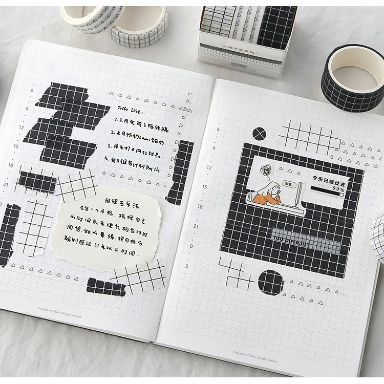 Bộ Washi tape băng dính họa tiết kẻ, chấm bi Basic trang trí sổ Bullet Journal, bưu thiếp, album