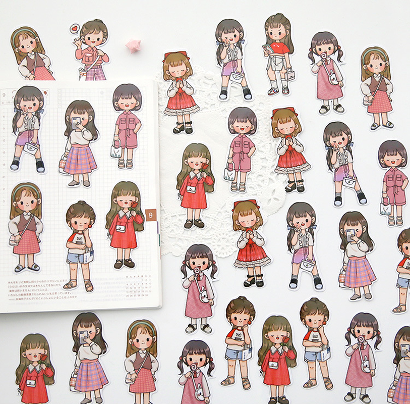 Set 20 hình dán trang trí sổ tay tự làm họa tiết hoạt hình cô gái bốn mùa