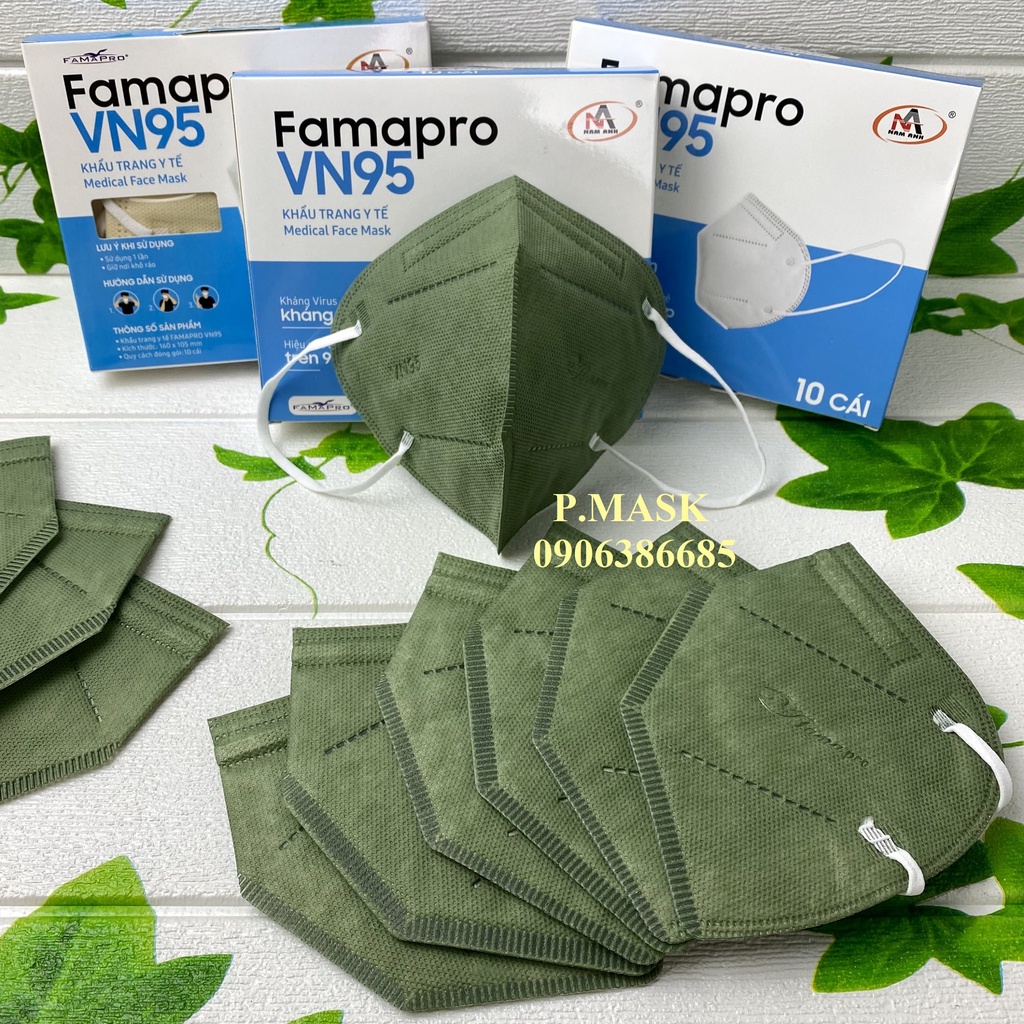 Khẩu trang Nam Anh VN95 FAMAPRO kháng khuẩn 10 cái/ hộp màu Trắng / Xanh / Xám / Rêu / Đen / Vàng Nhạt / Hồng