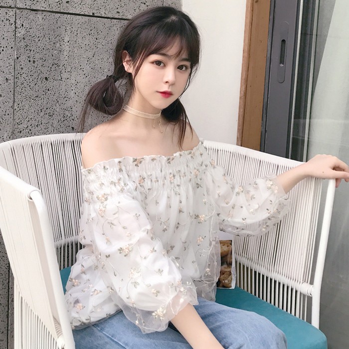 SẴN HỒNG | Áo trễ vai lưới thêu hoa ulzzang T3635