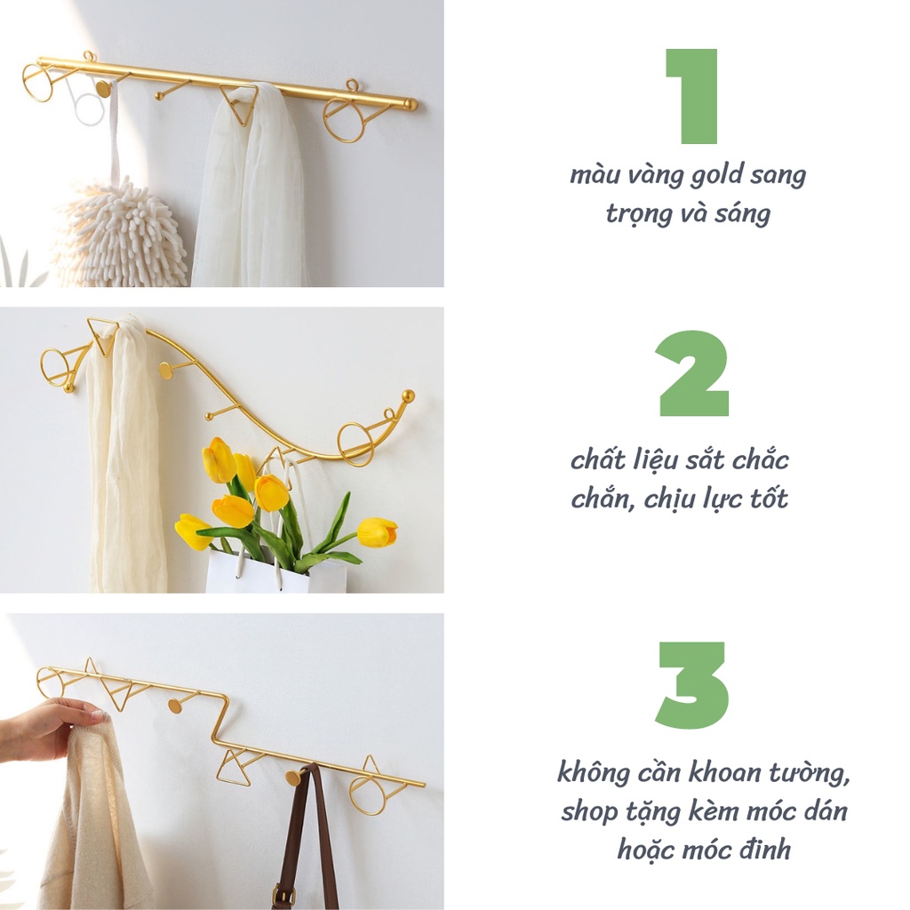 Móc Treo Quần Áo Sau Cửa, Gắn Tường Không Cần Khoan Chịu Tải Lớn Màu Vàng Đồng Kèm Móc Treo BlueBell