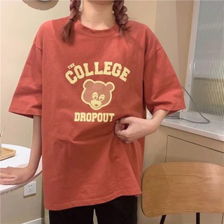 Áo thun in tay lỡ nữ freesize phông form rộng dáng Unisex - Ulzzang mặc cặp, nhóm, lớp hình GẤU COLLEGE màu cam