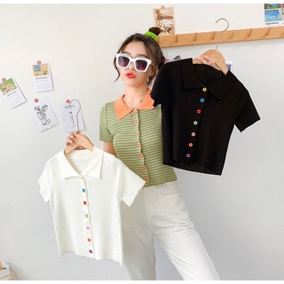 Áo croptop nữ tay ngắn vải len cổ bẻ nút màu xinh xắn