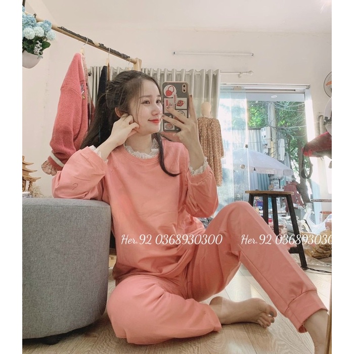 Bộ Cotton Da Cá Phối Ren Mặc Thu Đông Cho Bầu Và Sau Sinh