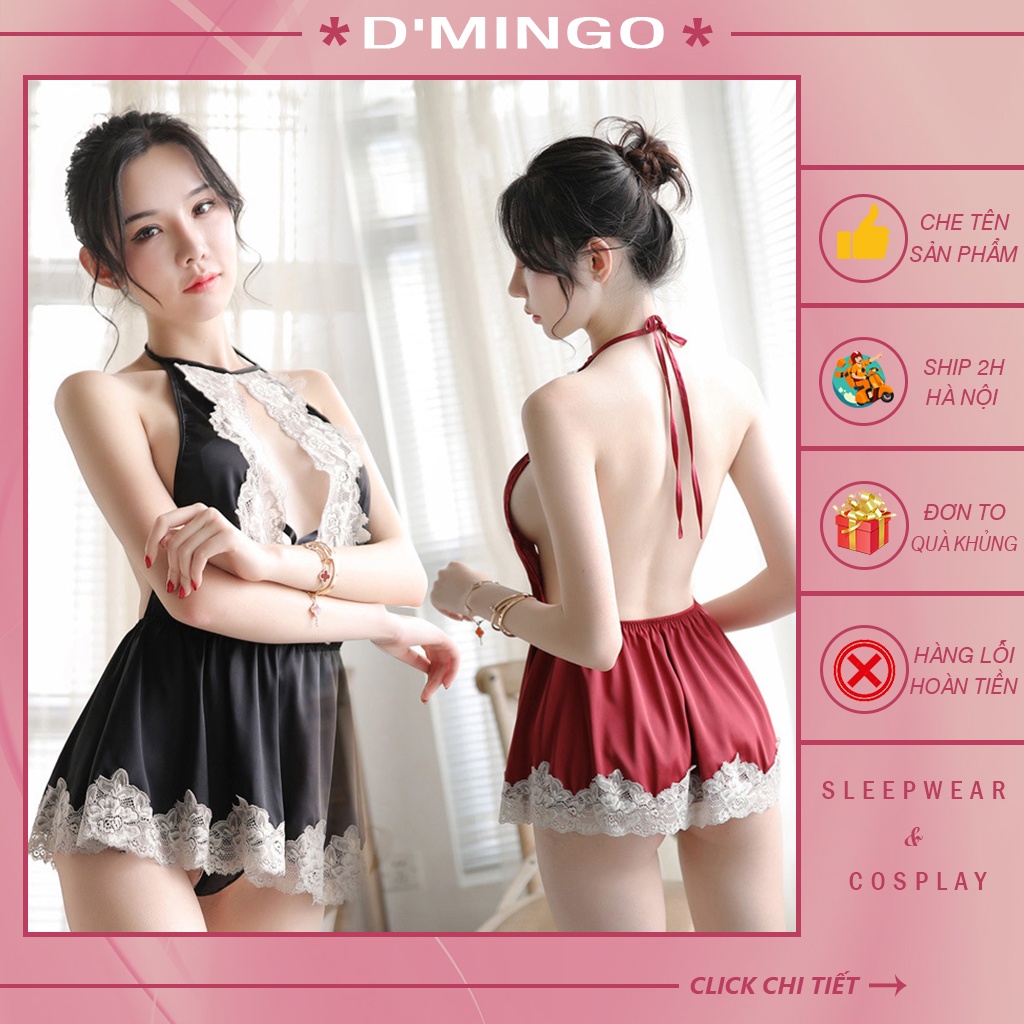 Váy ngủ sexy đầm ngủ gợi cảm đồ ngủ cosplay sẽy 2 dây lụa phối ren hở lưng quyễn rũ ( tặng kèm quần chip lọt khe) VN32