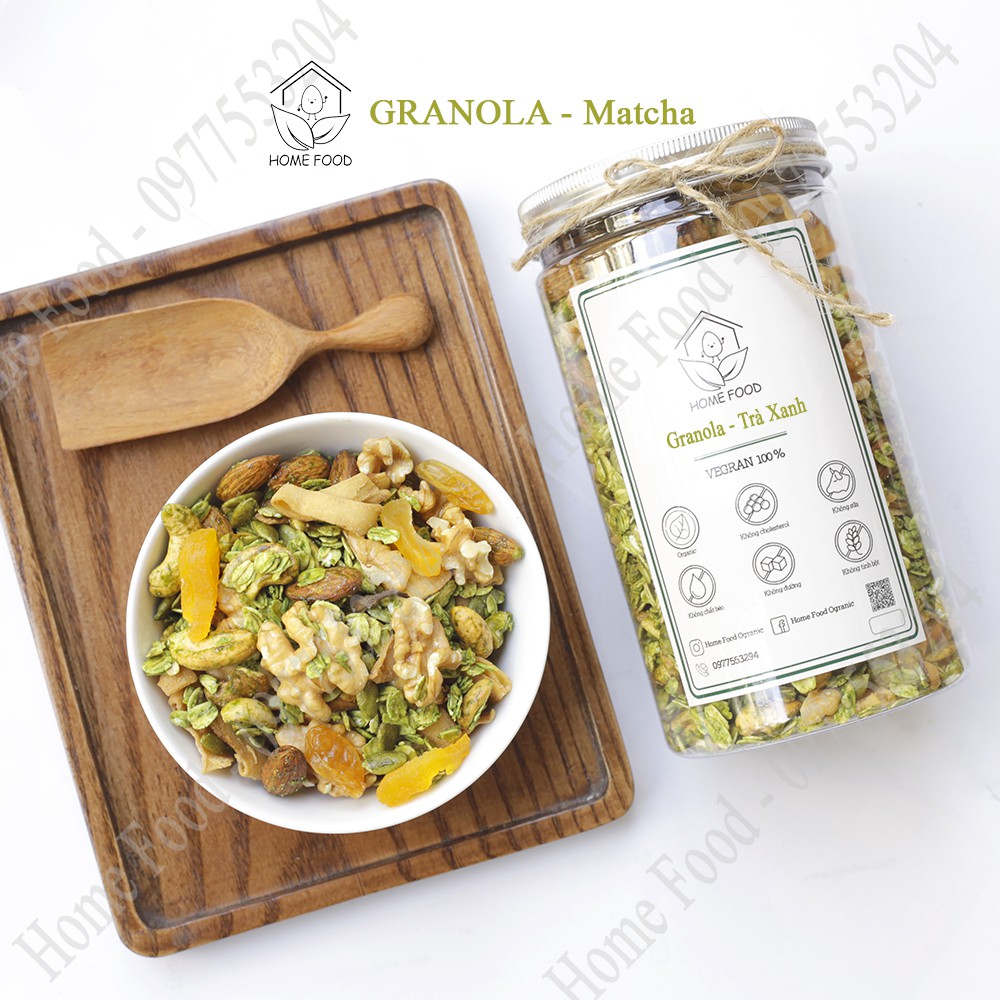 Granola matcha trà xanh ăn kiêng siêu hạt nướng mật ong, thêm óc chó, mơ vàng - Home Food