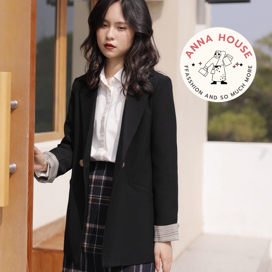 Áo blazer nữ 2 lớp pha kẻ gấu tay dài dáng rộng, áo blazer nữ 2 lớpdài tay thiết kế form rộng tay dài pha kẻ