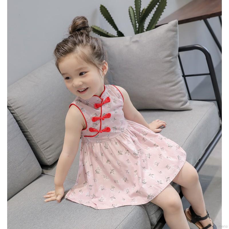 Đầm sườn xám tay dài in họa tiết cho bé gái