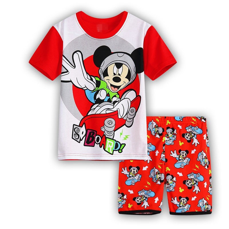 Bộ pijama ngắn tay in hình chuột Mickey + quần ngắn chất liệu cotton cho bé