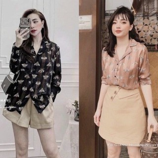 Áo sơ mi form rộng tay dài in hình con ong , chất lụa mềm mịn mát