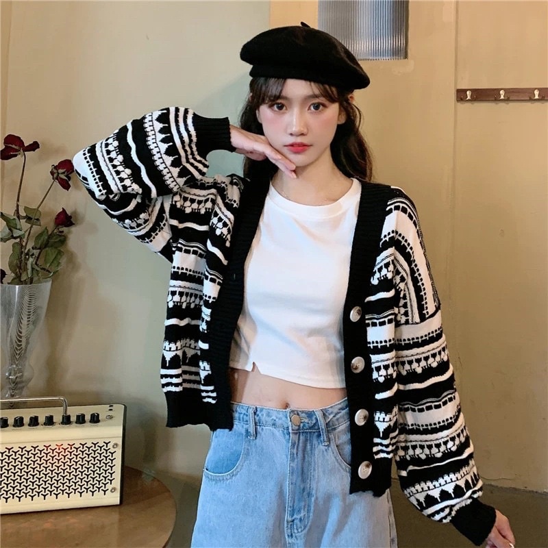 Áo khoác Cardigan dệt kim tay dài cổ chữ V dáng rộng họa tiết kẻ sọc phong cách retro hàng mới dành cho bạn nữ