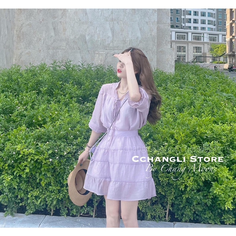 Set áo tơ babydoll &amp; chân váy xếp tầng cạp chun