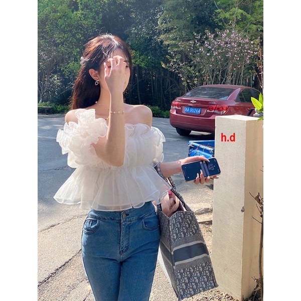 Áo trễ vai tay bồng voan lụa 2 lớp cộc tay kiểu dáng hàn quốc ulzzang vintage tiểu thư ❤Croptop Tay Phồng Màu Trơn