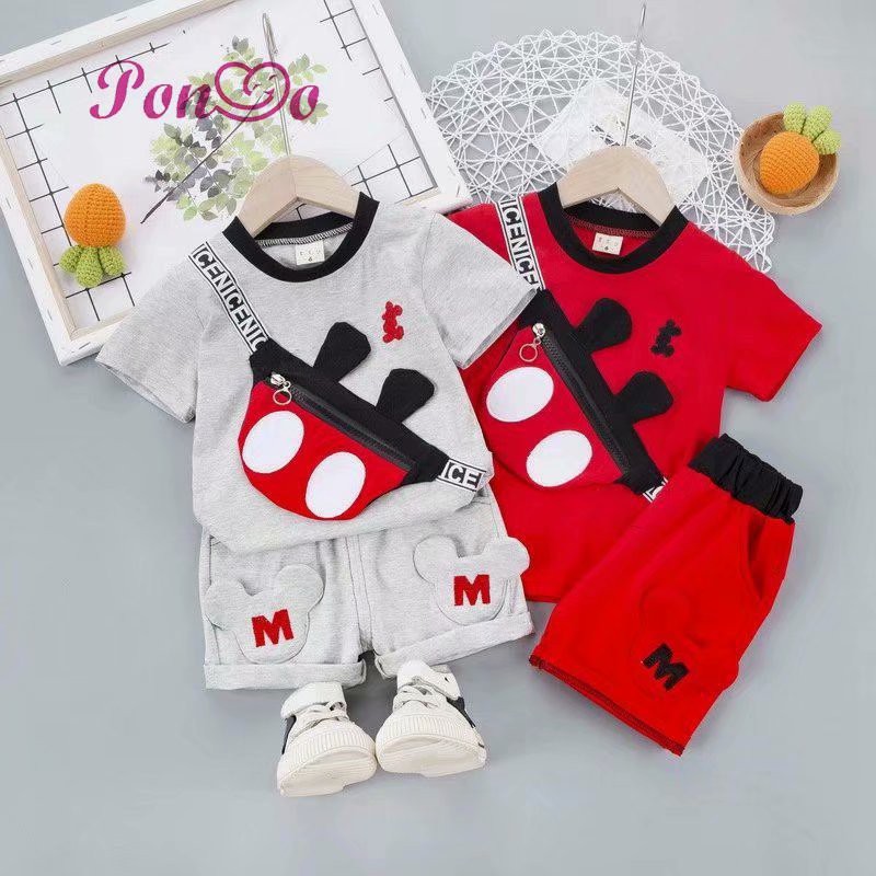 Set Áo Thun Tay Dài Hình Chuột Mickey + Quần Dài Có Túi Cho Bé