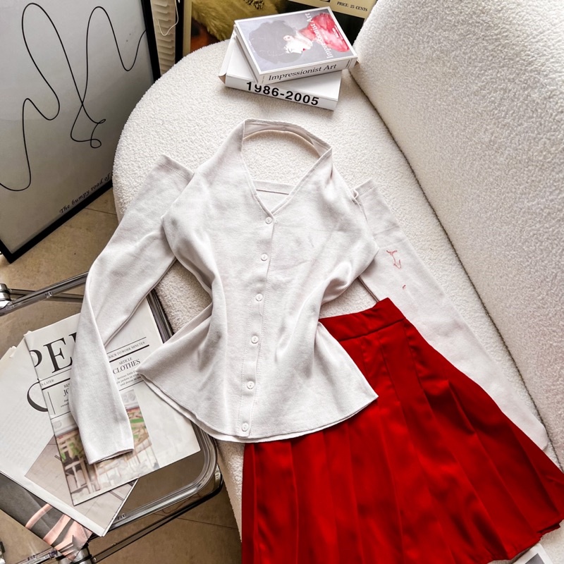 SET ÁO KHOÉT VAI TAY DÀI + CHÂN VÁY XẾP LY