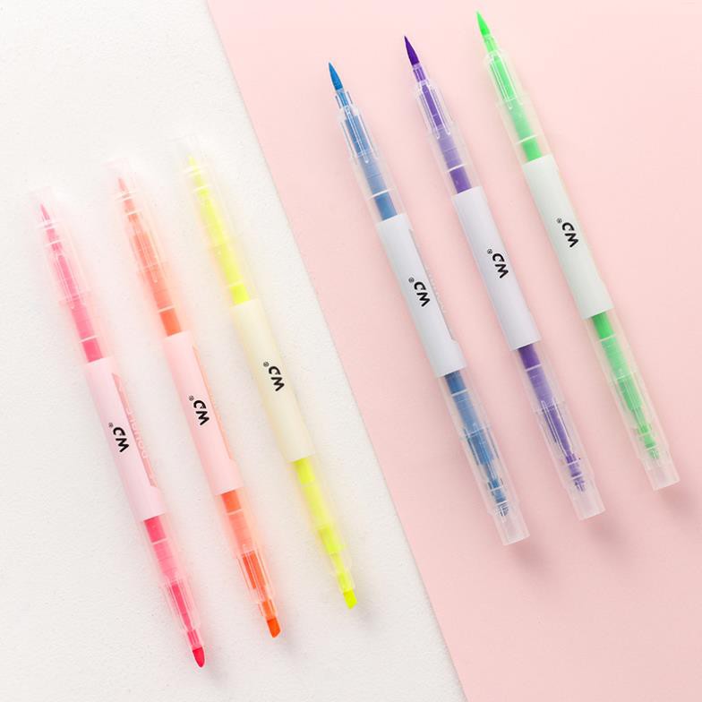 Bút highlight pastel dạ quang 2 đầu Lyawn, bút đánh dấu nhớ dòng cute nhiều màu marker dễ thương B05