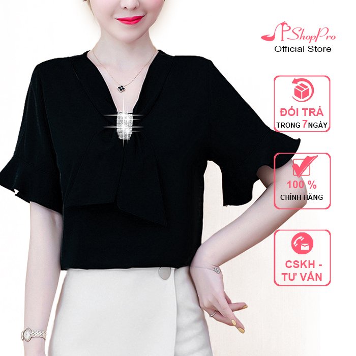 SHOPPRO - THỜI TRANG CÔNG SỞ NỮ - ÁO SƠ MI CÔNG SỞ KIÊU ÁO HÀN QUỐC TAY LOE PHỐI NƠ NGỰC ĐÍNH CƯỜM 3A04