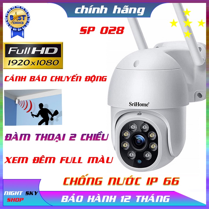 Camera mini Srihome ptz SP 028 1080p hồng ngoại 30m, đêm có màu, cảnh báo chuyển động, góc quay rộng