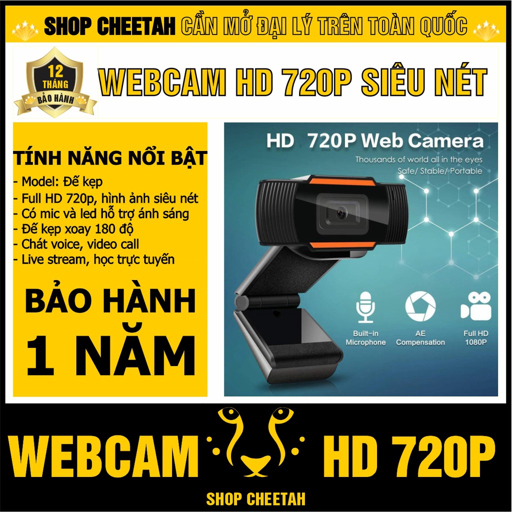 Webcam kẹp HD 720P siêu nét – Có mic và đèn led hỗ trợ học trực tuyến – Đế kẹp màn hình cố định tiện lợi – BH 12 tháng