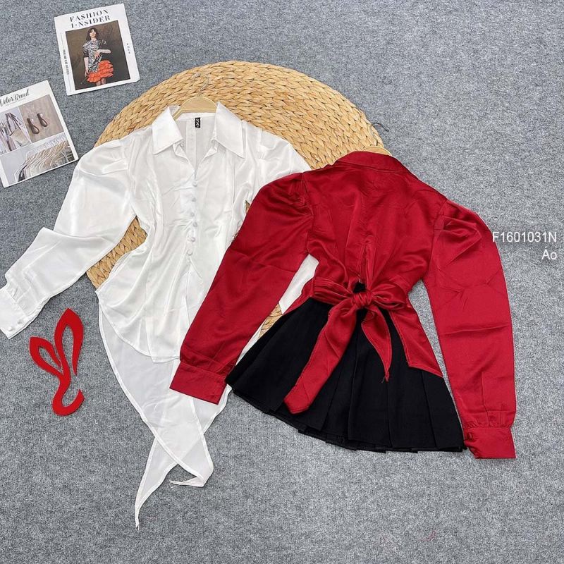 Áo sơ mi lụa khuy bọc xẻ tà trước cột nơ lưng tay dài gài nút siêu hot 1601