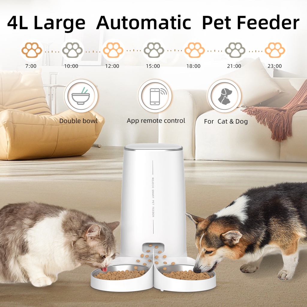 Máy cho ăn tự động ROJECO 4L kết nối wifi điều khiển từ xa thông minh cho thú cưng