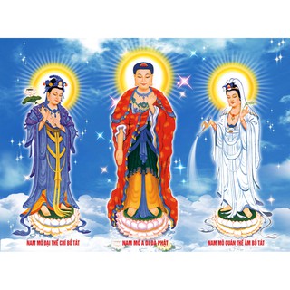Tranh dán tường 3D -Tam Thế Phật - Đại thế chí bồ tát -vải lụa kim tuyến