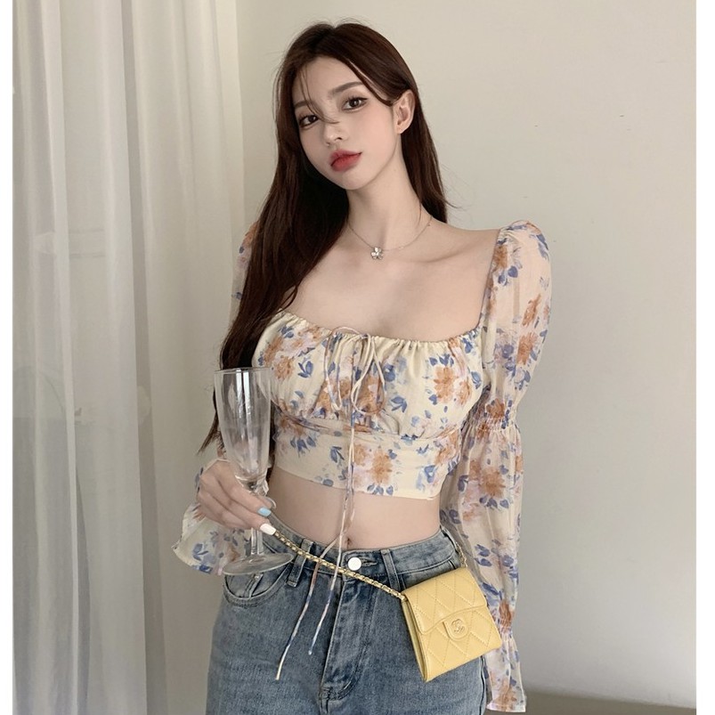 Cocory vn Áo croptop chất chiffon tay dài hoạ tiết hoa phong cách hàn quốc