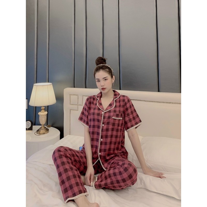 BỘ PIJAMA CHẤT ĐŨI HÀN HOẠ TIẾT KẺ Ô VIỀN REN CAO CẤP