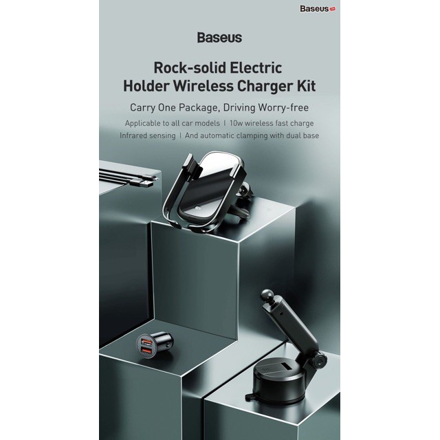Bộ giá đỡ điện thoại gắn kính hoặc táp lô tích hợp sạc nhanh không dây dùng trên xe hơi Baseus Rock-Solid Electric