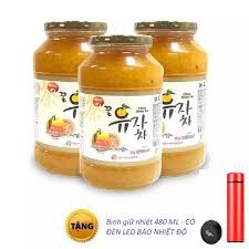 Combo 3 hũ trà chanh mật ong CITRON HONEY TEA Hàn Quốc (1 Kg/ hũ) tặng 1 bình giữ nhiệt 480ml - có đèn LED báo nhiệt độ