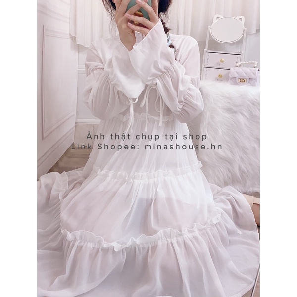 Váy babydoll trắng xếp tầng / mina’s house