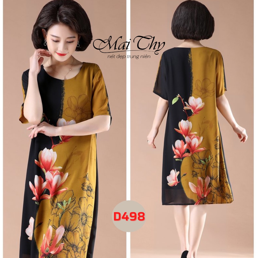 Váy Trung Niên MAI THY D498, Mẫu Đầm Hoa Cho Mẹ Đi Tiệc Cổ Tròn Tay Ngắn Thoải Mái Mát Mẻ | Thời Trang Trung Niên U40+