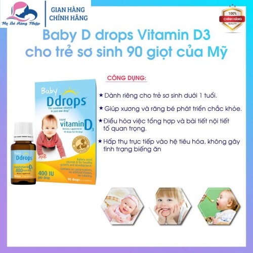 Baby Ddrops Vitamin D3 ddrop cho trẻ sơ sinh - 90 giọt Mỹ