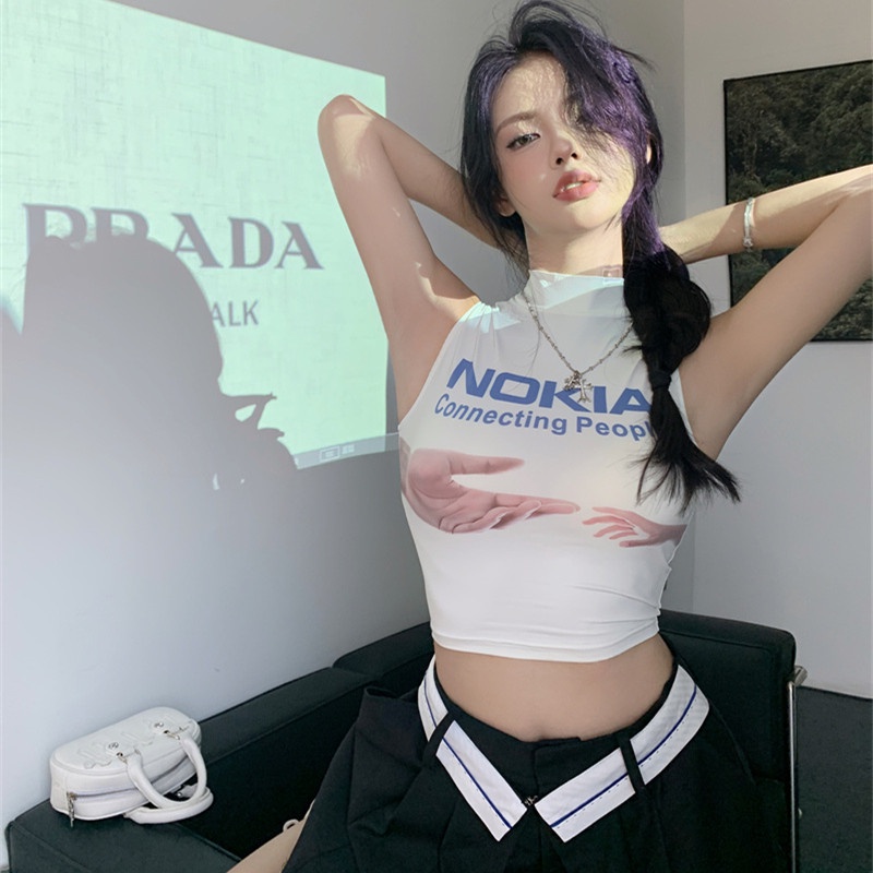 Áo Croptop Sát Nách Cổ Cao In Họa Tiết Vui Nhộn