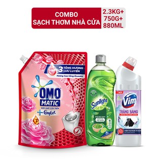 Combo OMO MATIC Comfort hoa hồng 2.3kg, SUNLIGHT nước rửa chén Trà xanh 750g + VIM gel tẩy rửa hương oải hương 880ml
