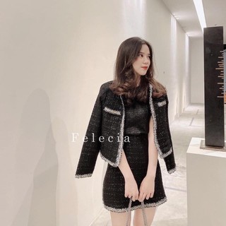 Bộ váy dạ gồm áo khoác và chân váy ngắn chữ A phong cách Hàn Quốc phù hợp mặc công sở đi chơi đều xinh