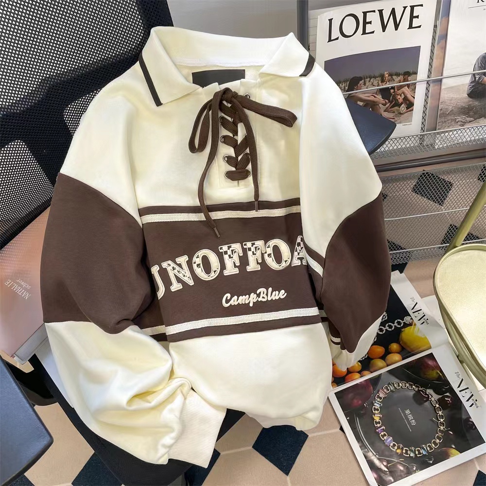 ZHELIHANGFEI Áo Sweater Tay Dài Cổ POLO Buộc Dây Kiểu Retro Nhật Bản Dễ Phối Đồ