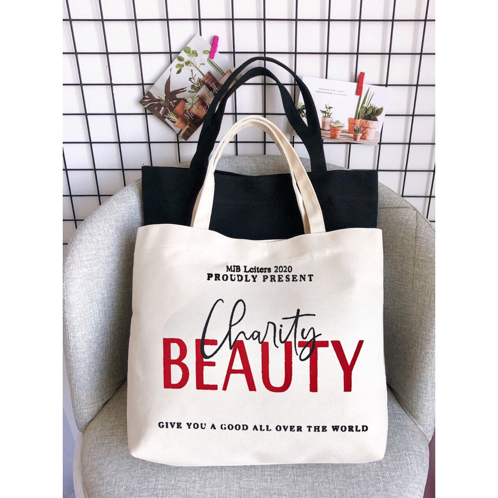 Túi tote vải canvas ulzzang unisex đi học đi làm có khoá miệng, có ngăn phụ in chữ TOAST và  CHARITY BETAUTY màu be