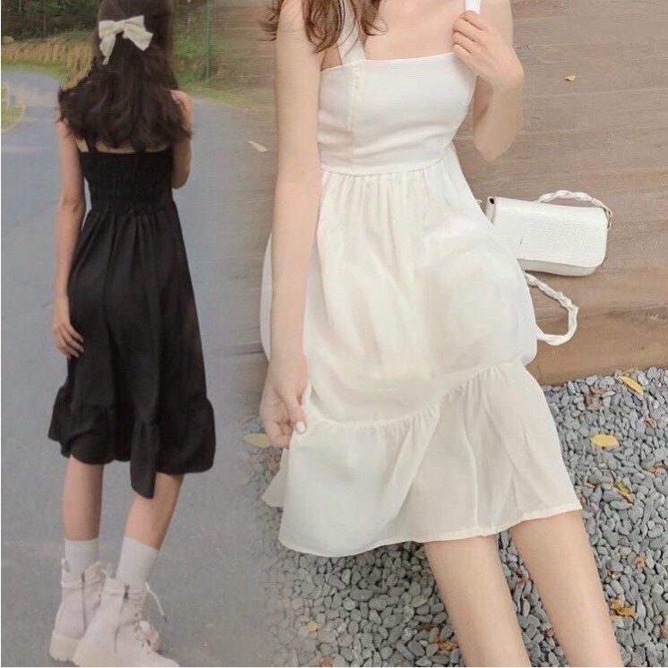 Đầm hai dây trắng-đen đuôi cá thắt nơ vai xinh xinh